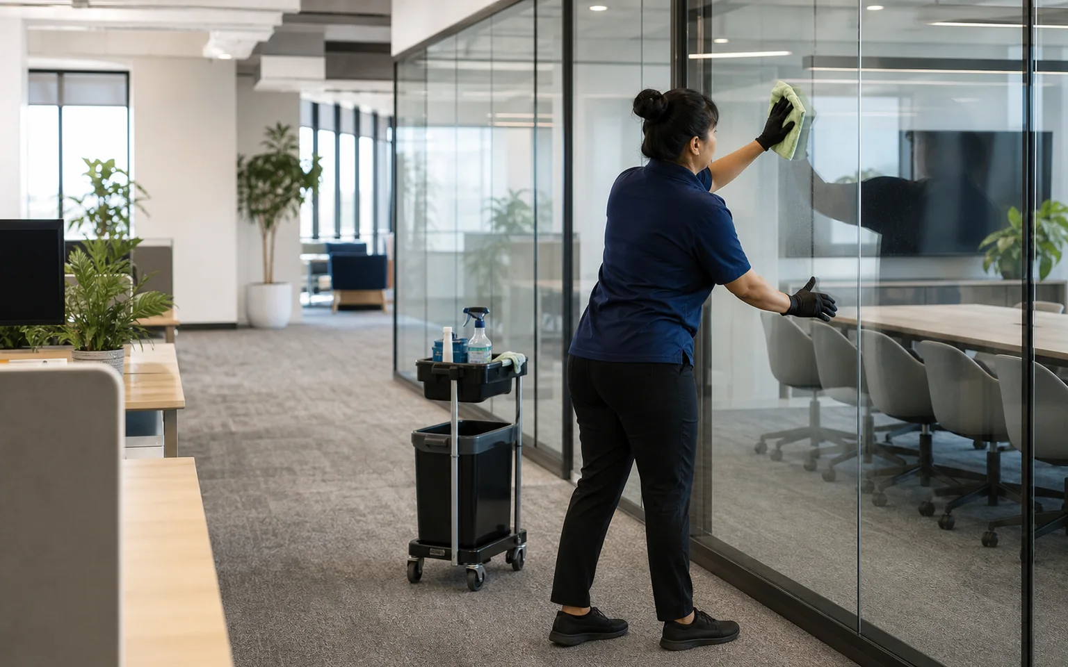 Professional cleaner cleaning glass in a modern commercial office